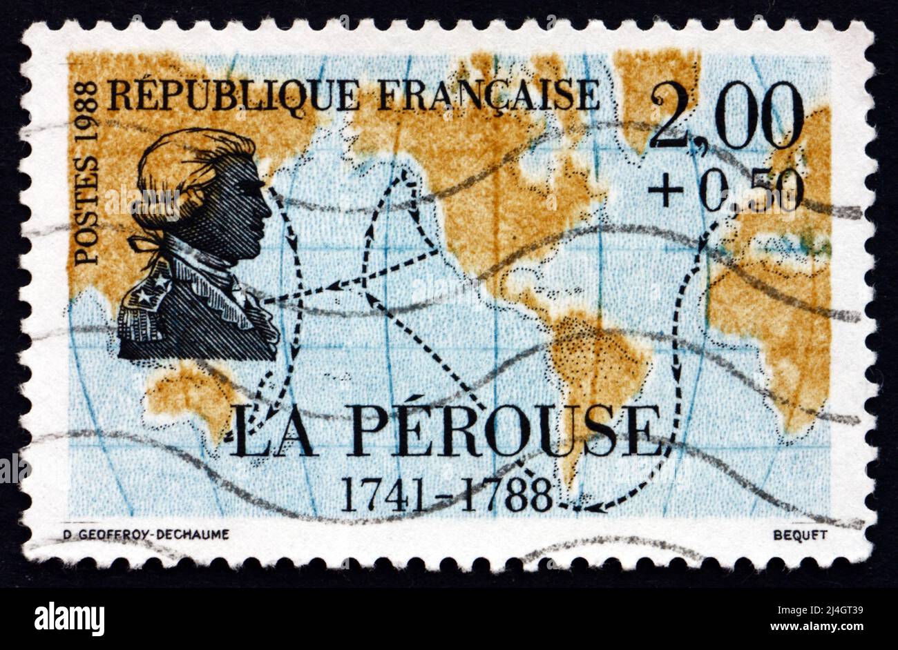 FRANKREICH - UM 1988: Eine in Frankreich gedruckte Briefmarke zeigt Jean-Francois de Galaup, comte de La Perouse, French Explorer, Karte, um 1988 Stockfoto