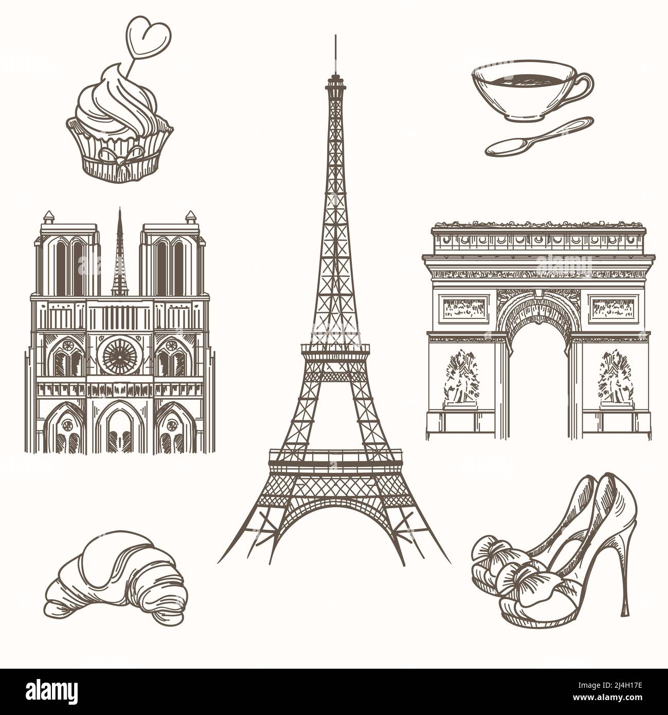 Handgezeichnete Paris-Symbole. Französischer Tourismus und Eiffelturm, notre dame und Croissant-Ikonen. Handgezeichnete Paris Zeichen Vektor-Illustration Stockfoto