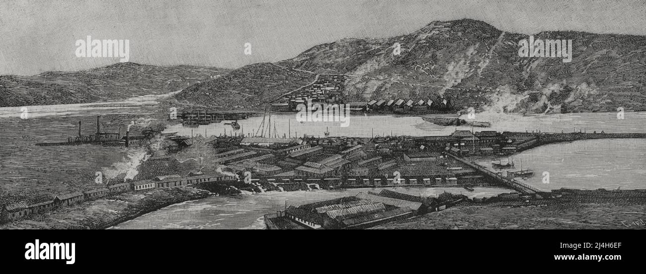 Kolonialismus in Asien. Die Teilung Chinas. Panoramablick auf Port Arthur. Der koloniale Hafen wurde 1898 an Russland abgetreten. Gravur von Capuz. La Ilustración Española y Americana, 1898. Stockfoto