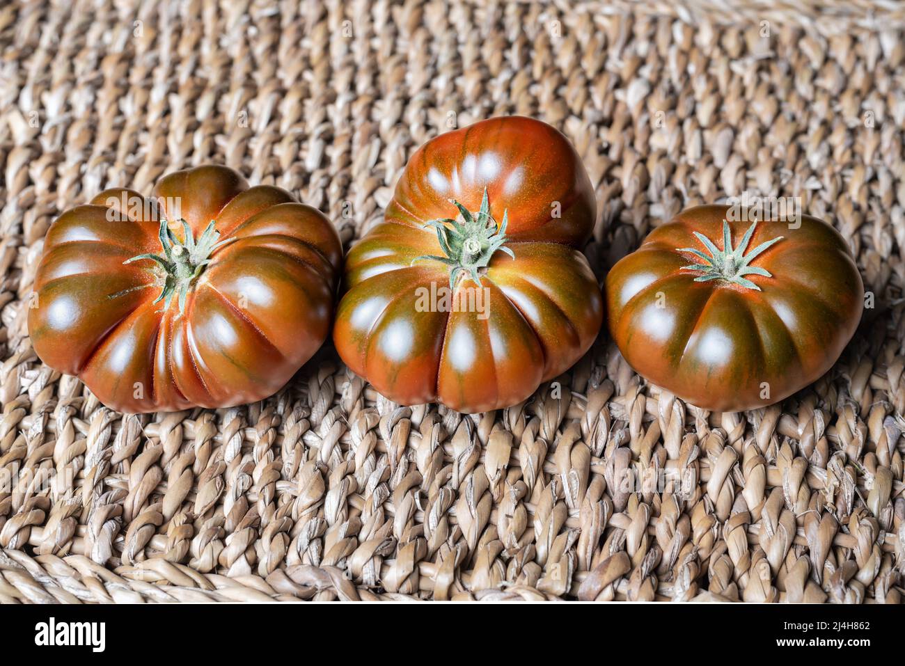 Drei Tomaten der schwarzen Raf-Sorte, in verschiedenen Formen. Stockfoto
