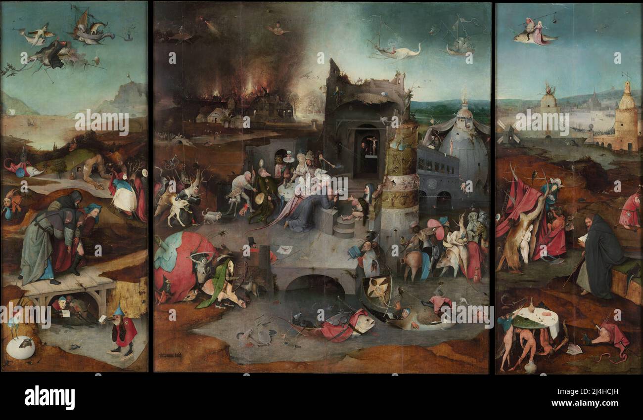Hieronymus Bosch; Triptych der Versuchungen des Heiligen Antonius; 1501, Öl auf Eichenholz; Museu Nacional de Arte Antiga - Nationalmuseum für antike Kunst, Stockfoto
