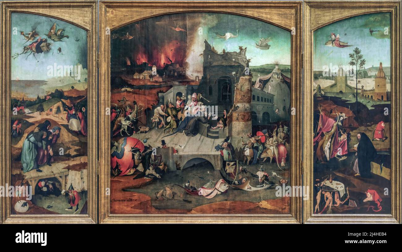 Hieronymus Bosch; Triptychon der Versuchung des heiligen Antonius; 1520, Öl auf Eichenholz; Königliches Museum der Schönen Künste Belgiens, Bruxelles Stockfoto