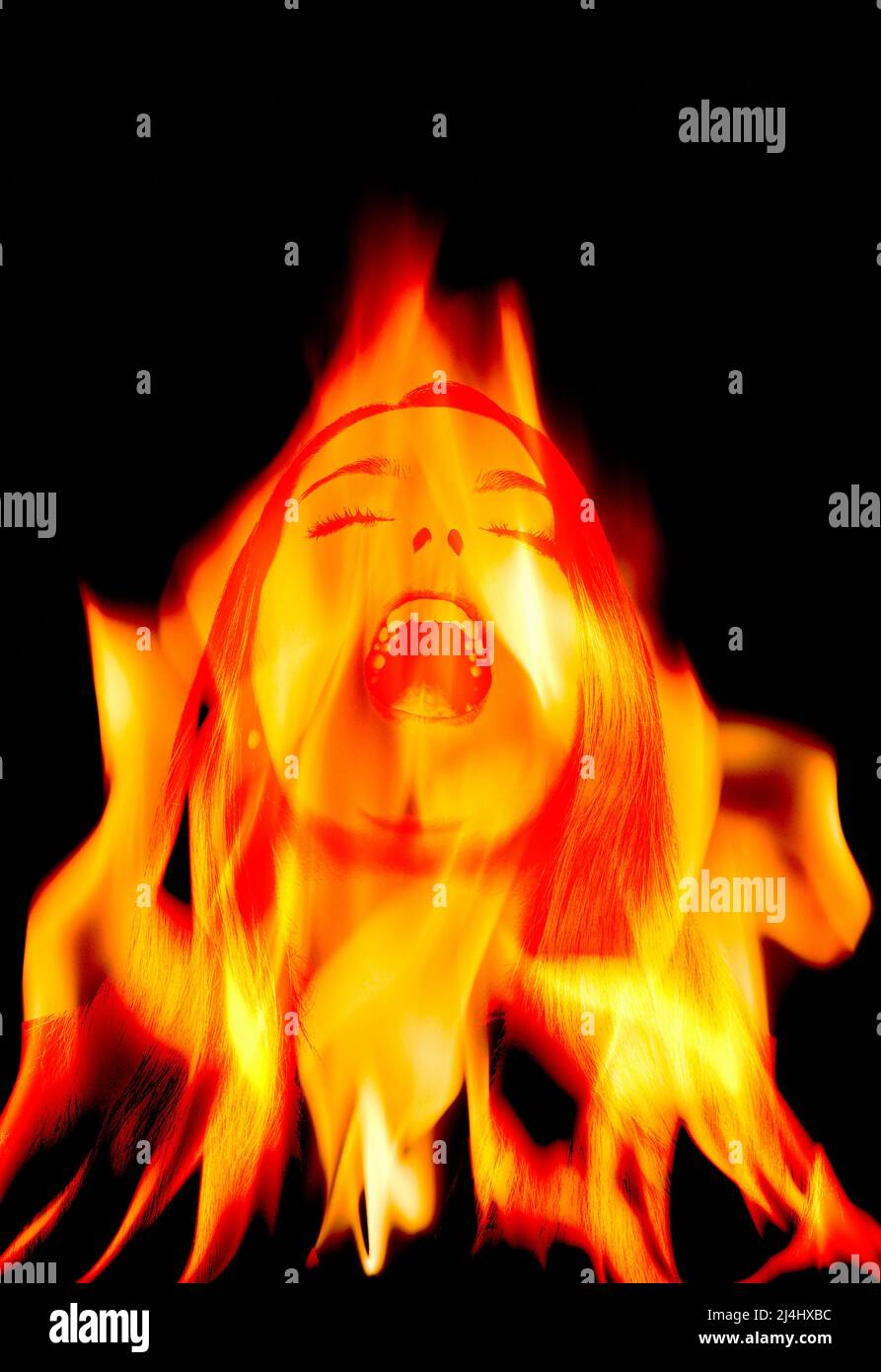 Frau in Flammen schreiend, konzeptuelles Bild Stockfoto