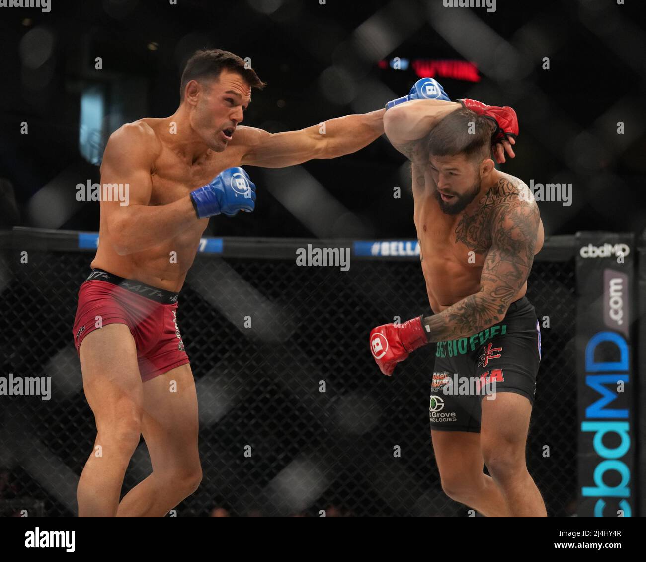 San Jose, Ca, USA. 15. April 2022, SAN JOSE, San Jose, Kalifornien, USA: SAN JOSE, CA - 15. April: Kyle Crutchmer (rote Handschuhe) und Michael Lombardo (blaue Handschuhe) treffen sich im Achteck zu einem 3-runden Weltgewichtskampf im SAP Center for Bellator 277: McKee vs Pitbull 2 - Event am 15. April 2022 in SAN JOSE, USA. (Bild: © Louis Grasse/PX Imagens via ZUMA Press Wire) Bild: ZUMA Press, Inc./Alamy Live News Stockfoto