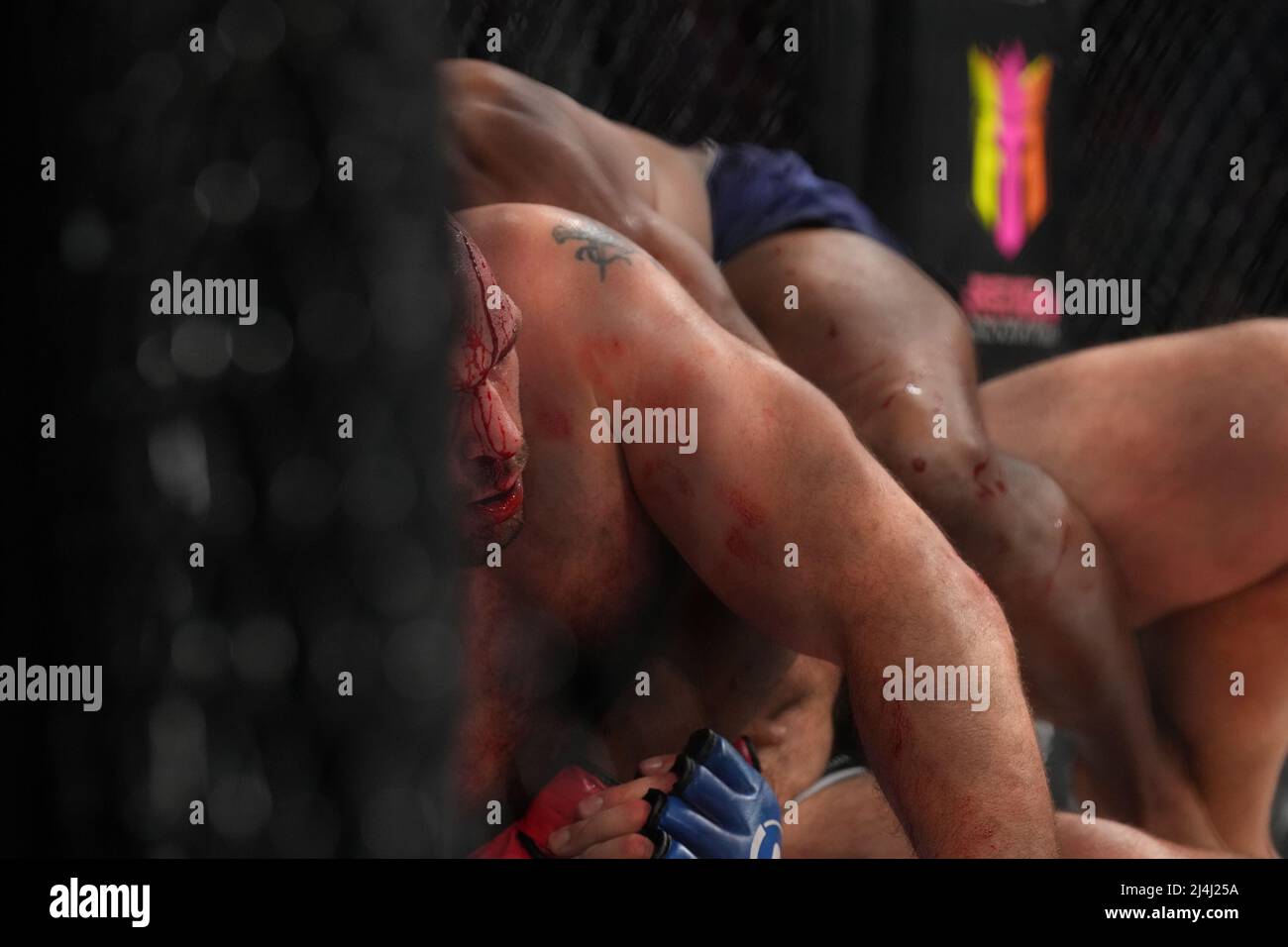 San Jose, Kalifornien, USA. 15. April 2022. SAN JOSE, CA - 15. April: Linton Vassell (rote Handschuhe) und Tim Johnson (blaue Handschuhe) treffen sich im Achteck zu einem 3-runden Schwergewicht-Kampf im SAP Center for Bellator 277: McKee vs Pitbull 2 - Veranstaltung am 15. April 2022 in SAN JOSE, USA. (Foto von Louis Grasse/PxImages) Credit: Px Images/Alamy Live News Stockfoto