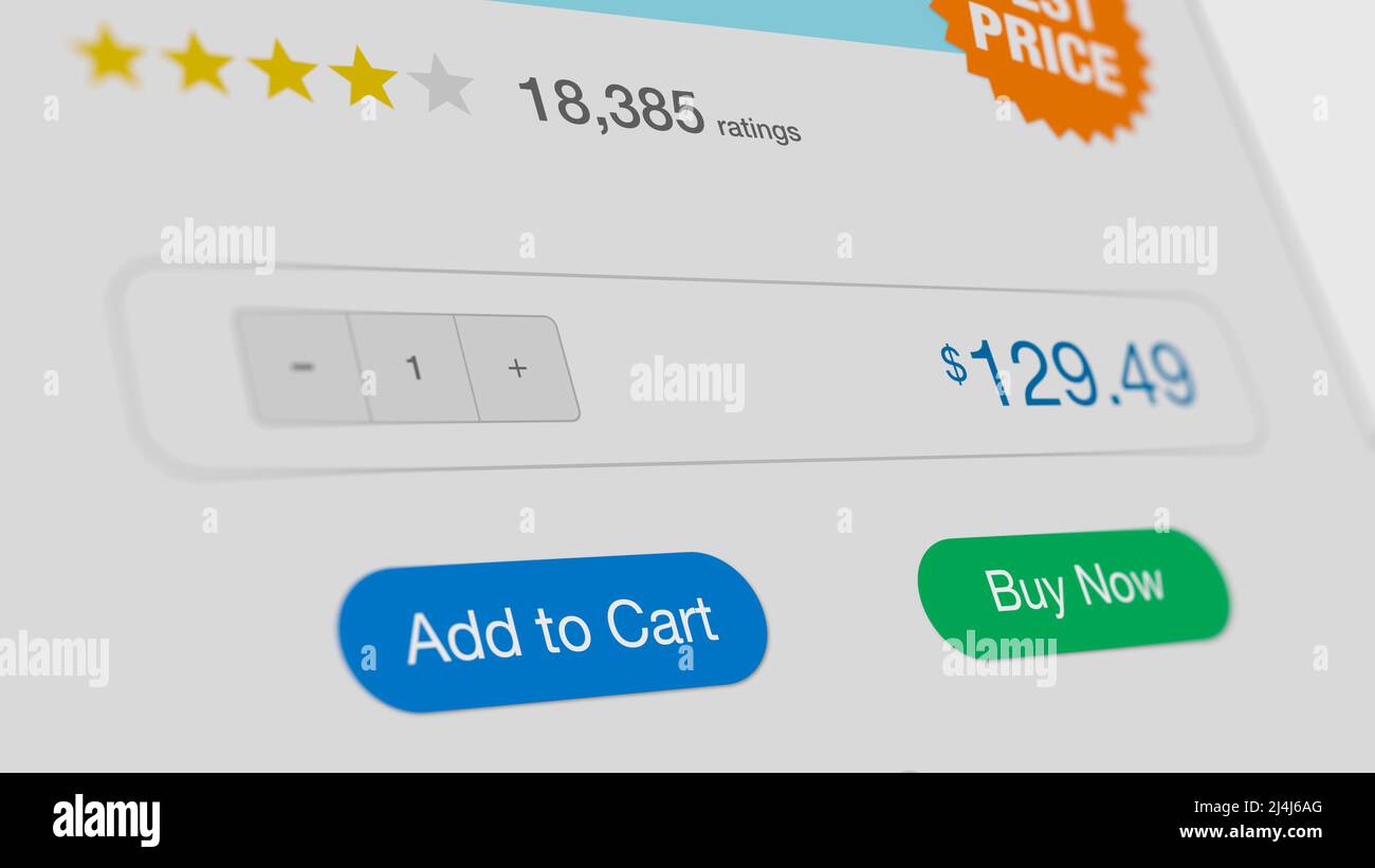 Online-Shopping, Web-Interface, in den Warenkorb legen und jetzt kaufen Buttons (3D Render) Stockfoto