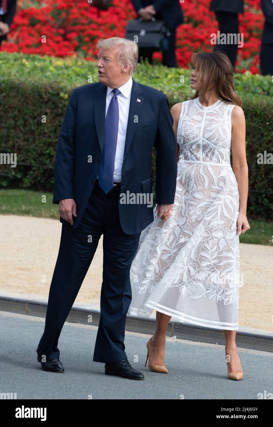 US-Präsident Donald Trump und die First Lady der Vereinigten Staaten Melania Trump auf dem Gipfel des NATO-Militärbündnisses. Stockfoto