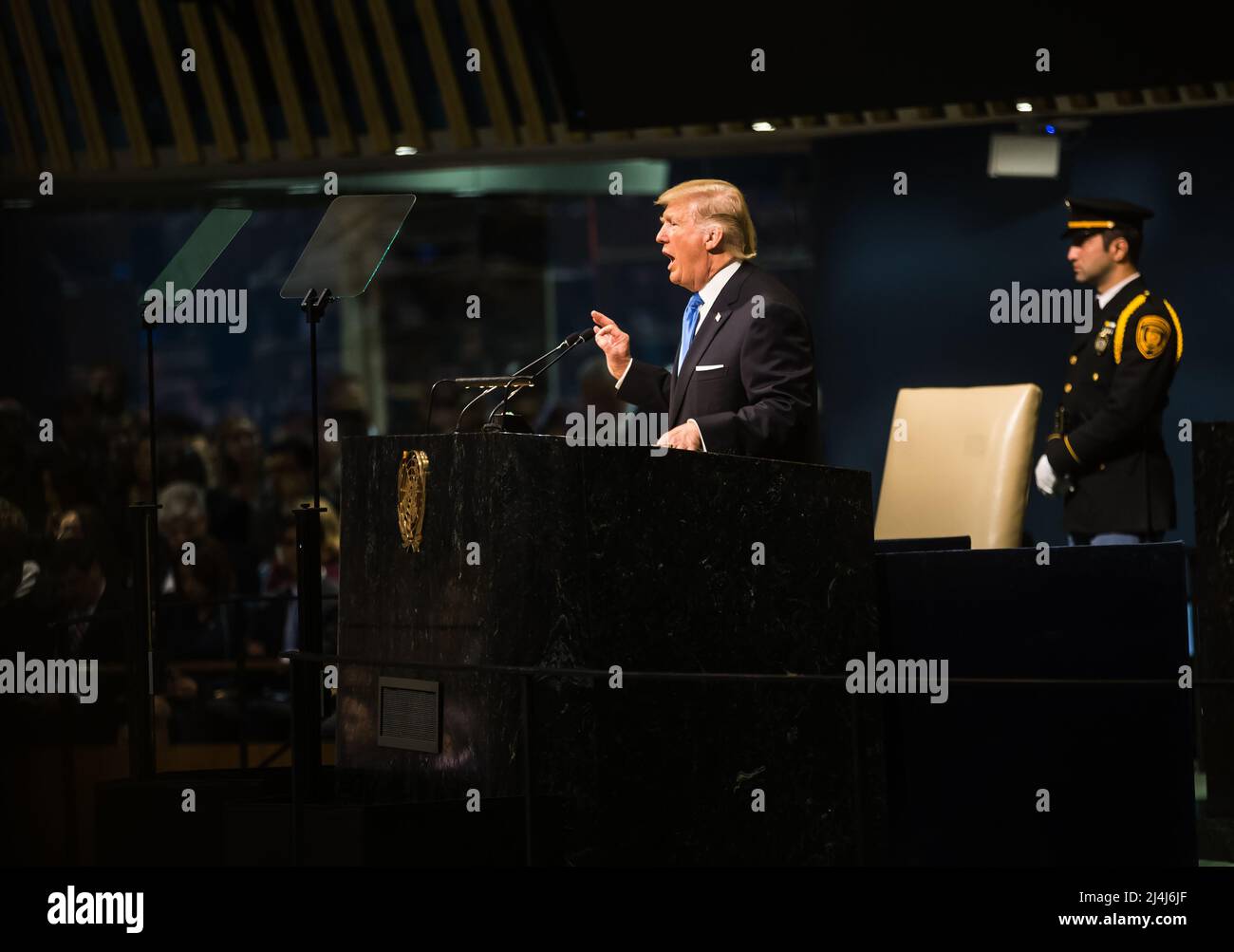 Präsident der Vereinigten Staaten Donald Trump spricht bei der allgemeinen politischen Diskussion während der Sitzung der UN-Versammlung 72. in New York. Stockfoto