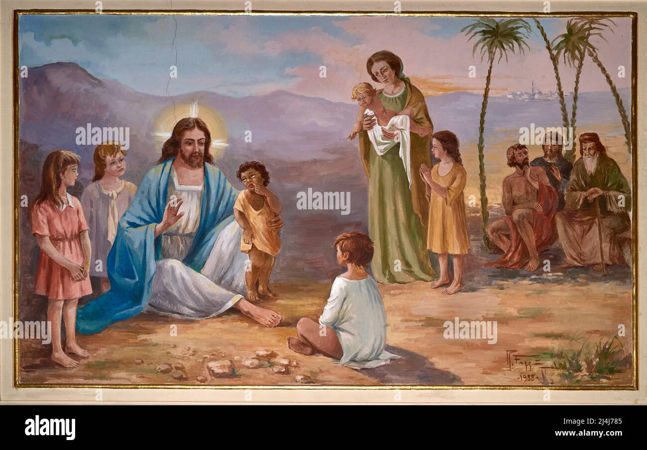 Cristo con i fanciulli - affresco - Remo Faggi - 1988 - Villanuova d’Ardenghi (PV) chiesa parrocchiale di S. Cristoforo martire Stockfoto