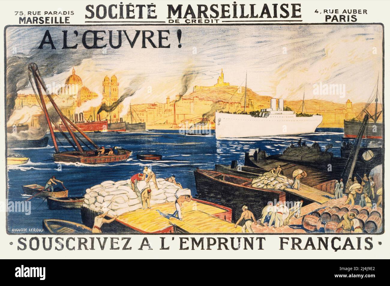 Ein französisches Werbeplakat aus dem frühen 20.. Jahrhundert, das eine französische Hafenszene mit Schiffen und Männern zeigt, die auf den Docks arbeiten. Der Künstler ist Auguste Leroux (1871-1954) Stockfoto