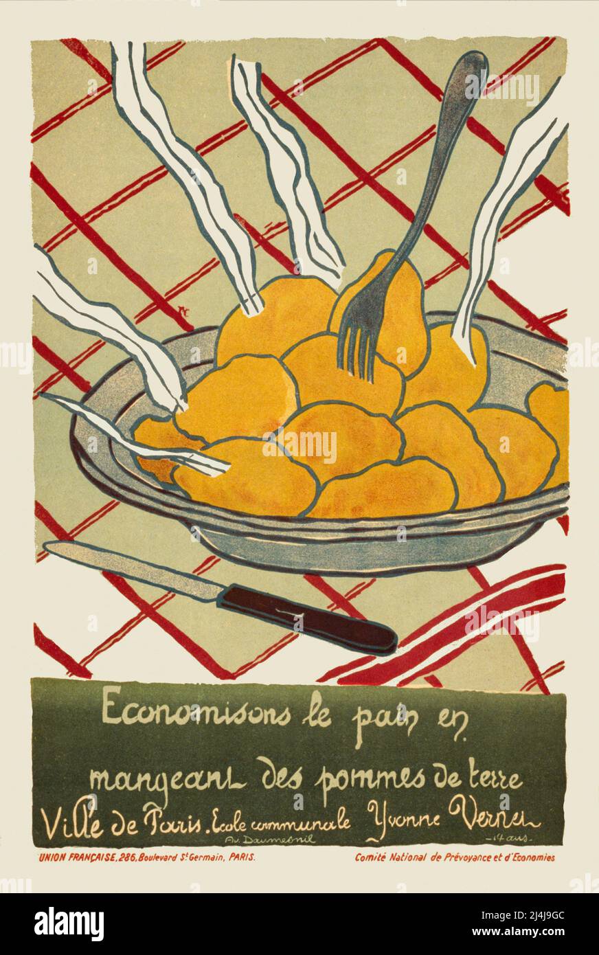 Ein französisches Werbeplakat von 1916, das einen Teller dampfender Kartoffeln zeigt. Die Künstlerin ist Yvonne Vernet Stockfoto