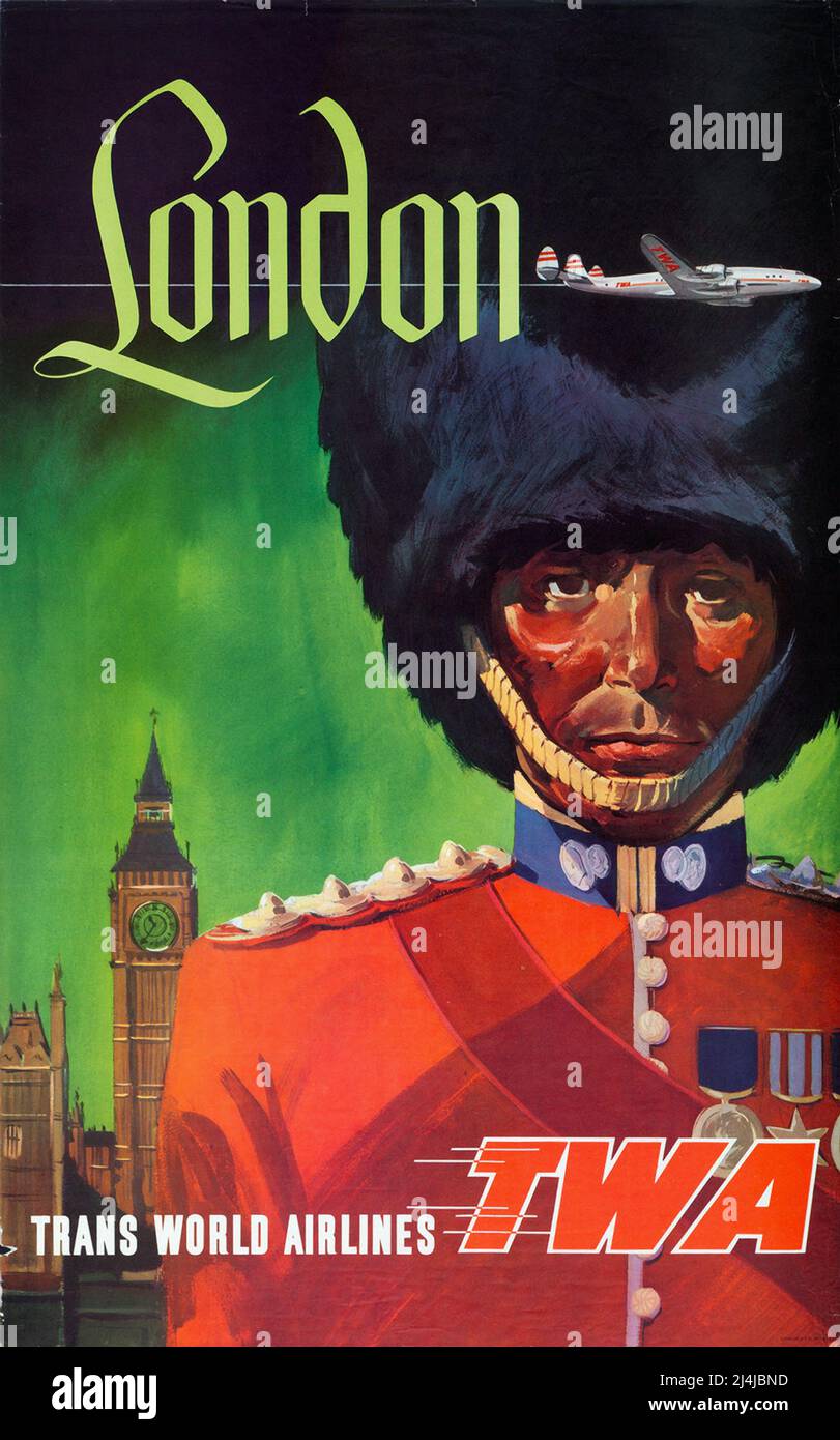 Vintage 1960s Reiseplakat Fliegen Sie mit TWA nach London , TWA – Trans World Airlines. Hochauflösendes Poster. Stockfoto
