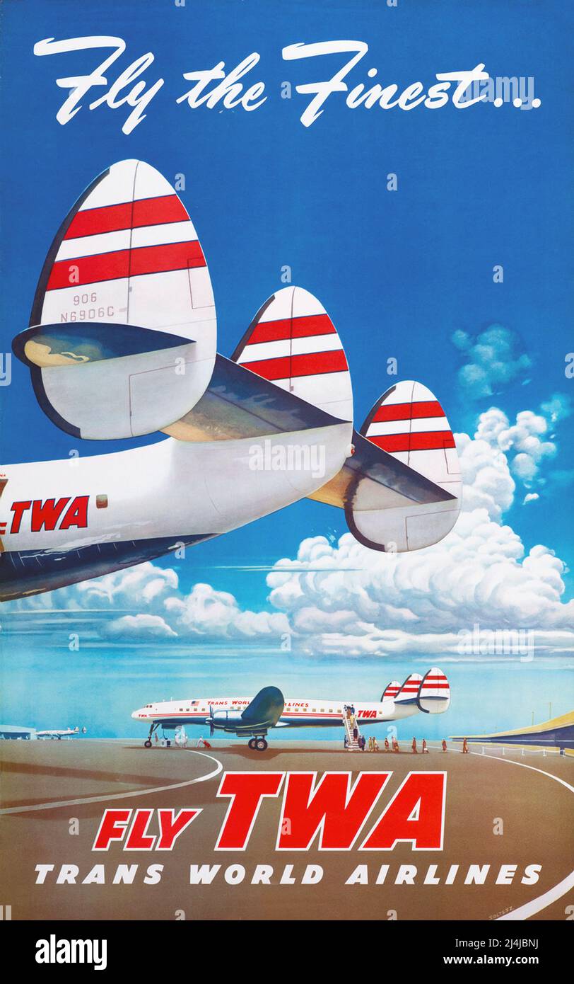 Vintage 1960s Travel Poster - Fly TWA, Fly the Finest , TWA – Trans World Airlines. Hochauflösendes Poster. Stockfoto