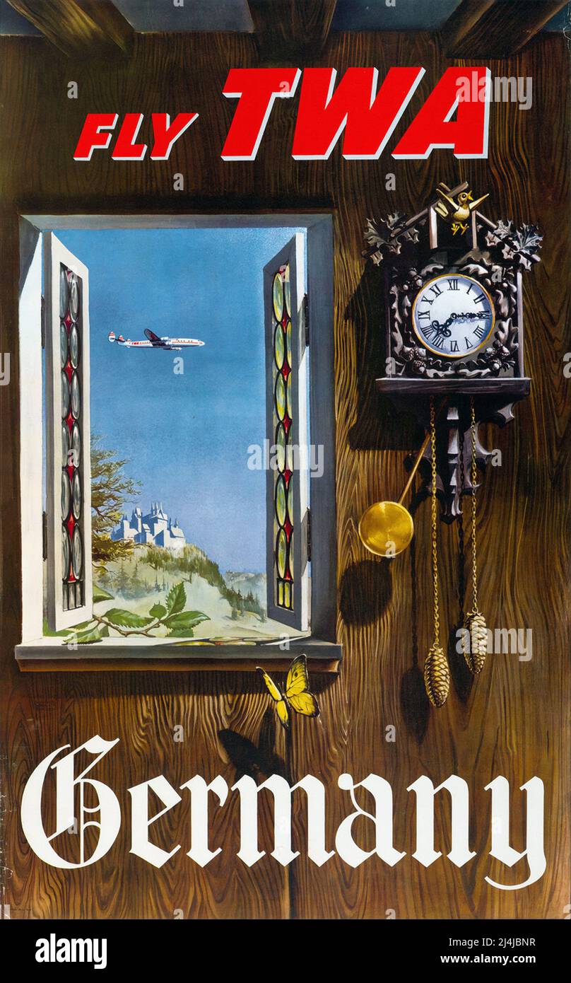 Vintage 1960s Reiseplakat Fliegen Sie mit TWA, Deutschland, TWA – Trans World Airlines. Hochauflösendes Poster. Stockfoto