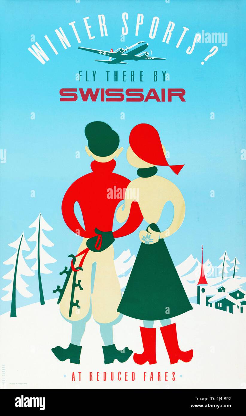 Reiseplakat Jahrgang 1950s - Swissair - Wintersport? - Elli Sieber - 1950 Stockfoto