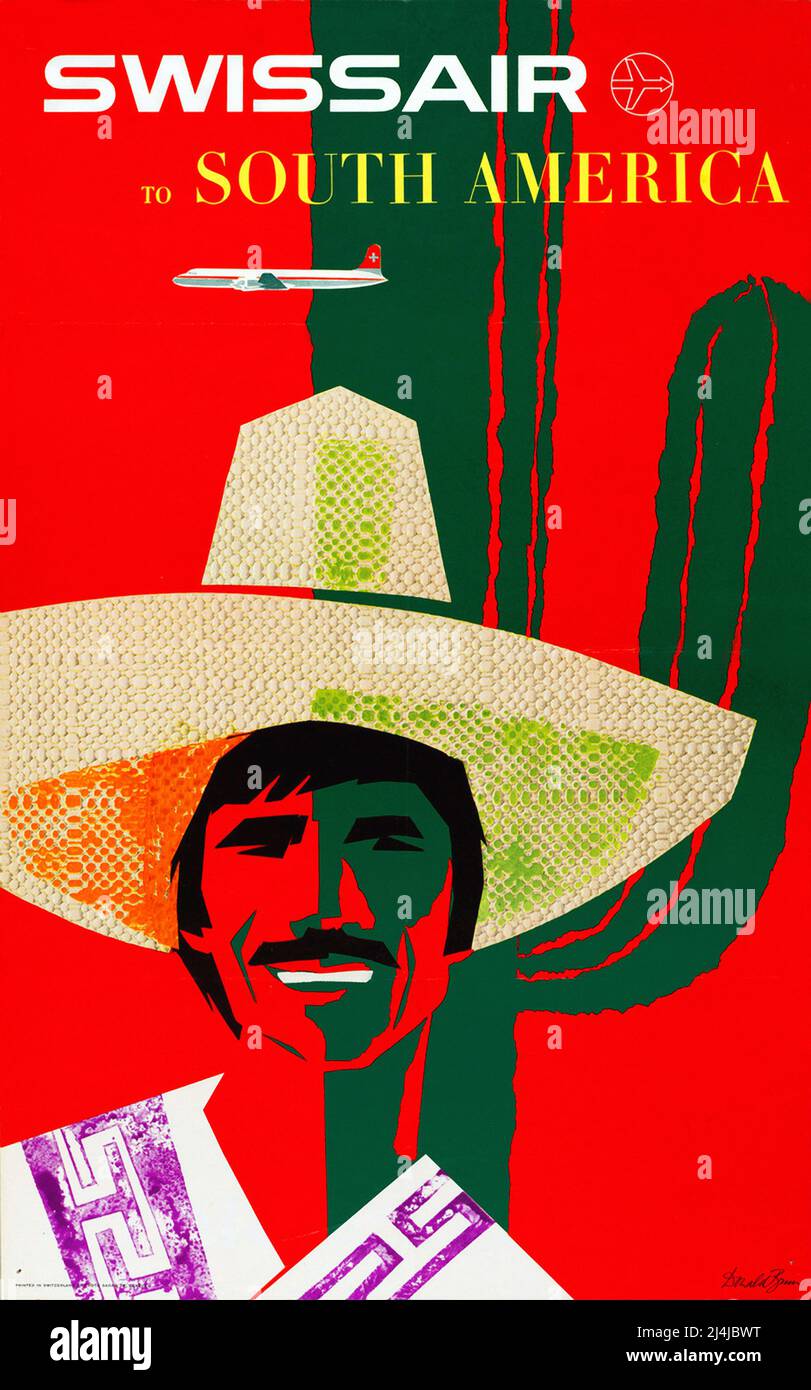 Vintage 1950s Reiseplakat - Swissair - nach Südamerika - von Donald Brun -1959 Stockfoto