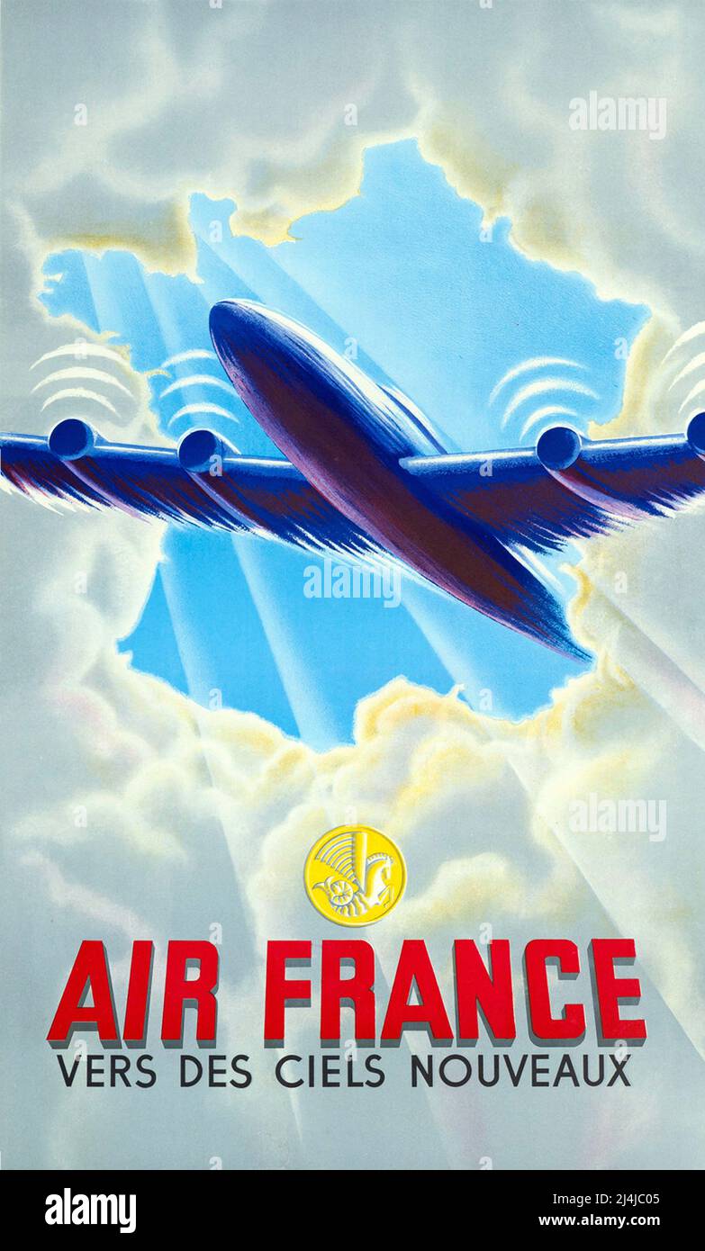 Vintage 1940s Travel Poster - Air France - Vers de ciels nouveaux ( towards New Sky) - 1946 Stockfoto