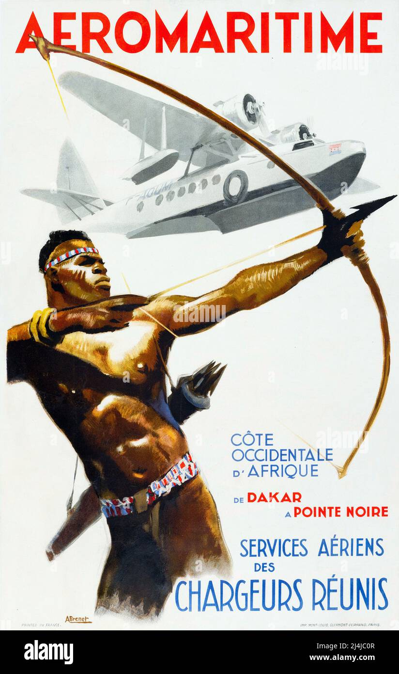 Reiseposter Jahrgang 1930s - Aeromaritime - Côte Occidentale d' Afrique de Dakar a Pointe Noire Services Aériens des Chargeurs Réunis - Albert Victor Stockfoto