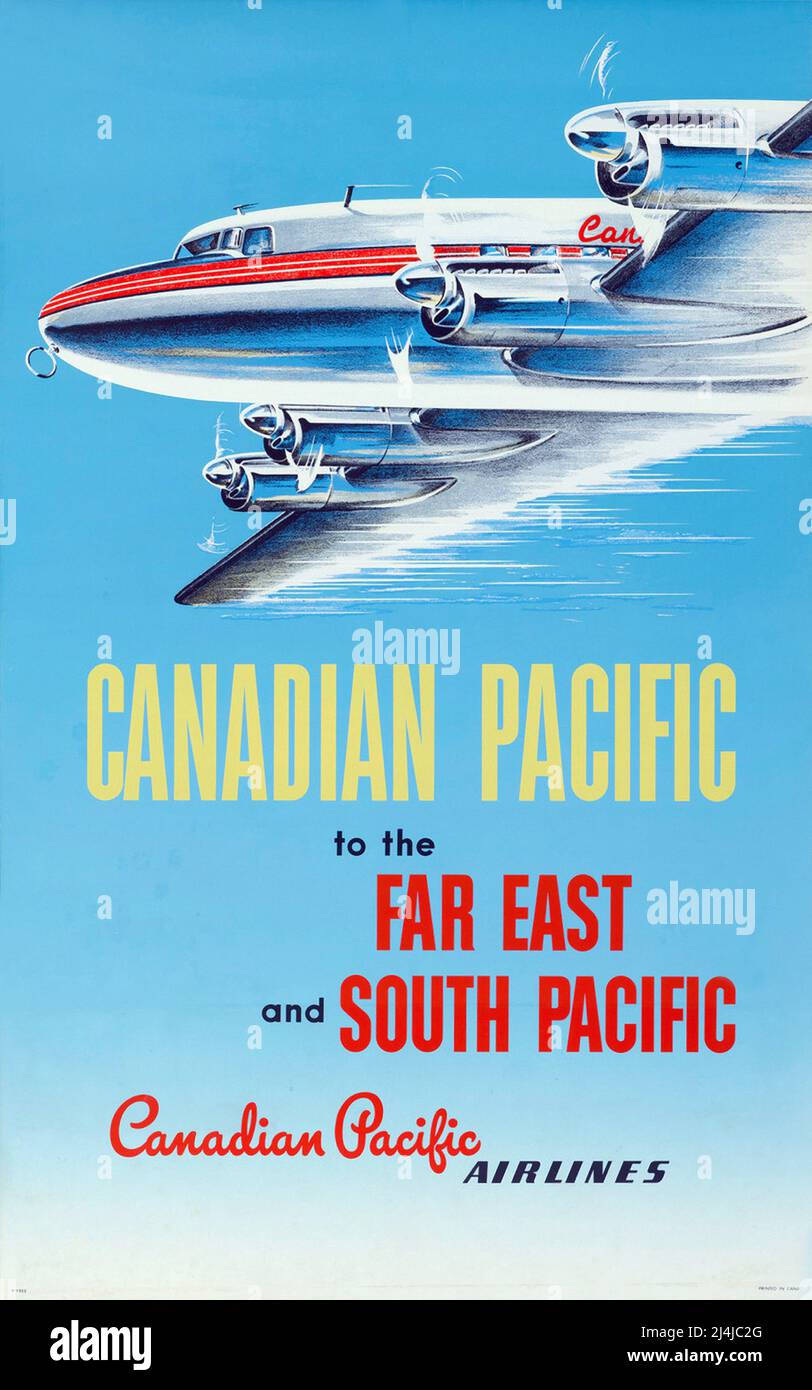 Vintage 1950s Reiseplakat für Canadian Pacific Airlines - in den Fernen Osten und den Südpazifik Stockfoto