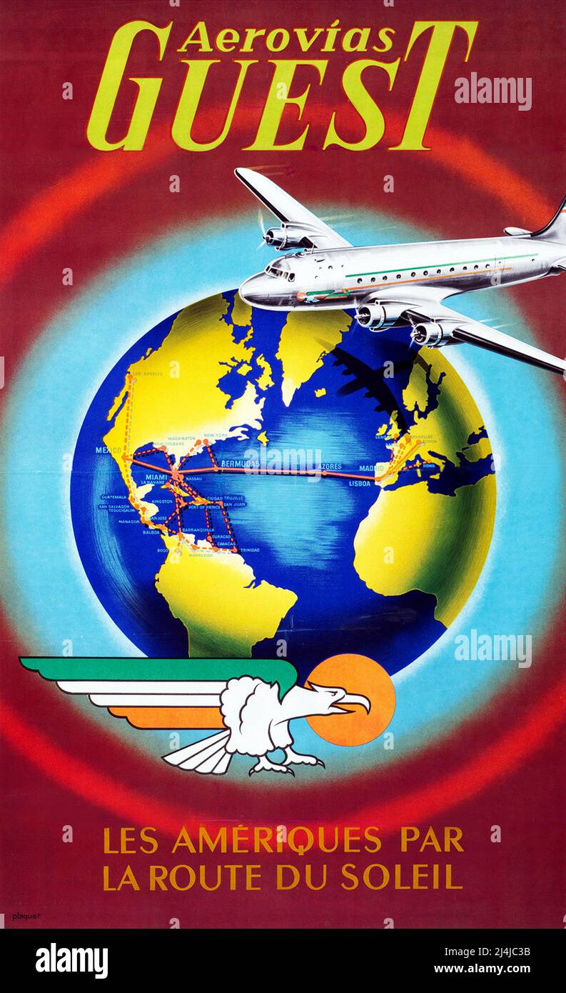 Vintage Mexican 1950s Travel Poster - Aerovias Guest - Les Ameriques par la Route du Soleil -von Plaquet - 1950s Stockfoto