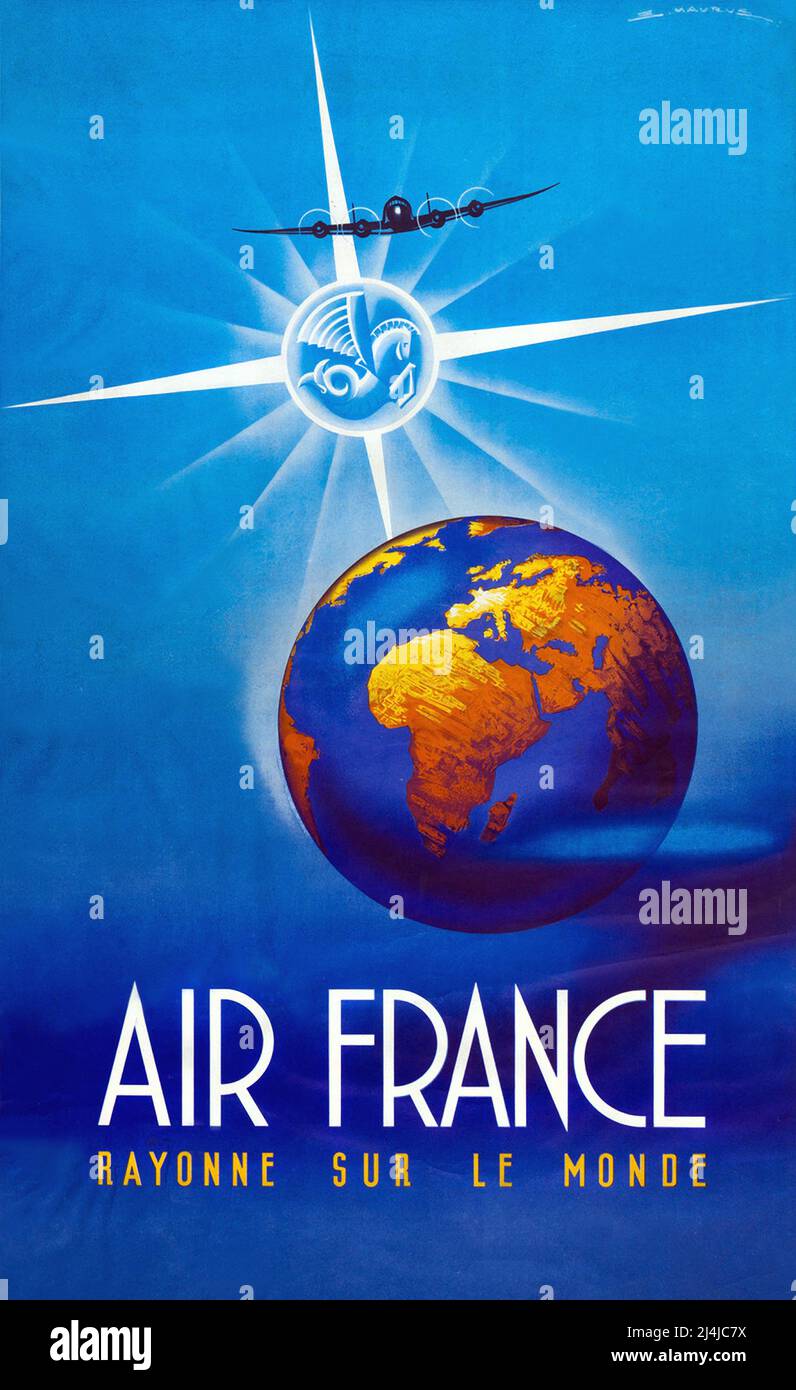 Reiseplakat des Jahrgangs der 40er Jahre - Air France - Rayonne sur le monde ( Roys on the World ) - von Edmond Maurus - 1946 Stockfoto