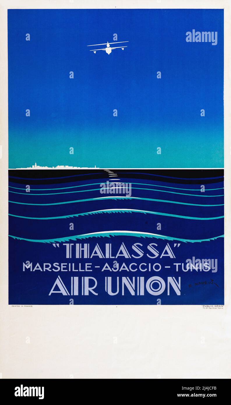 Vintage Travel Poster – Poster, das Air Union-Flüge auf der Thalassa von Marseille nach Ajaccio und Tunis wirbt. Stockfoto