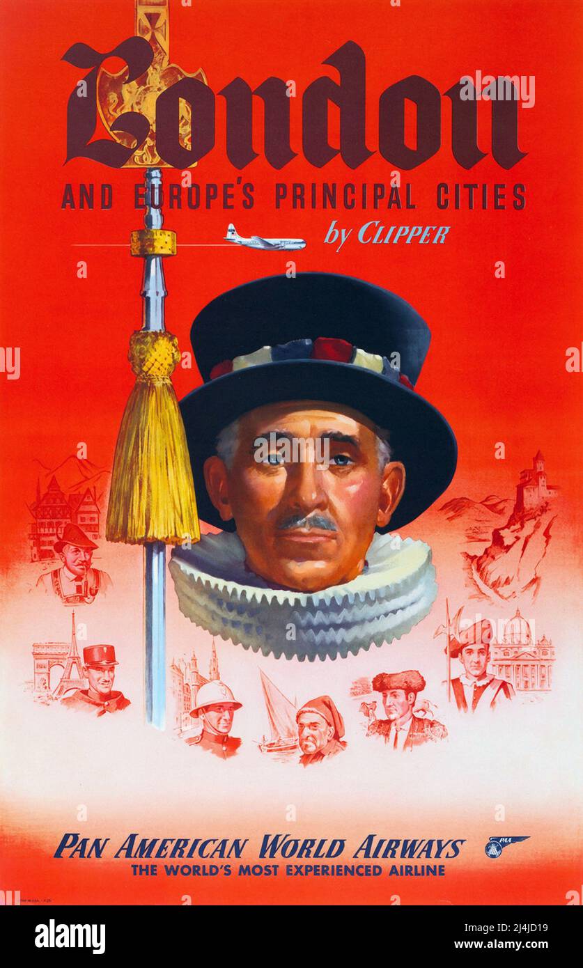Vintage 1950s Pan am Travel Poster - London von Clipper, Pan American World Airways Stockfoto