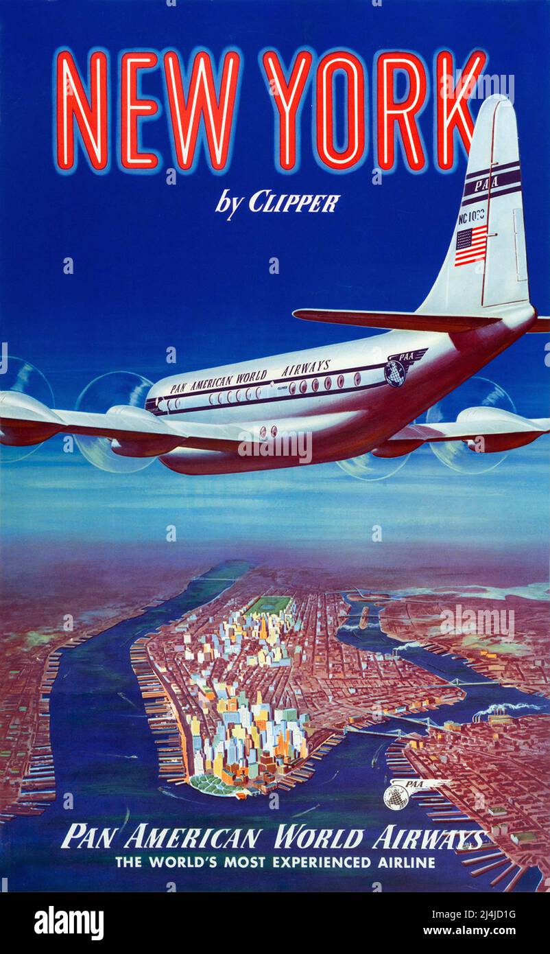 Vintage 1950s Pan am travel Poster -New York von Clipper- Pan American World Airways Stockfoto