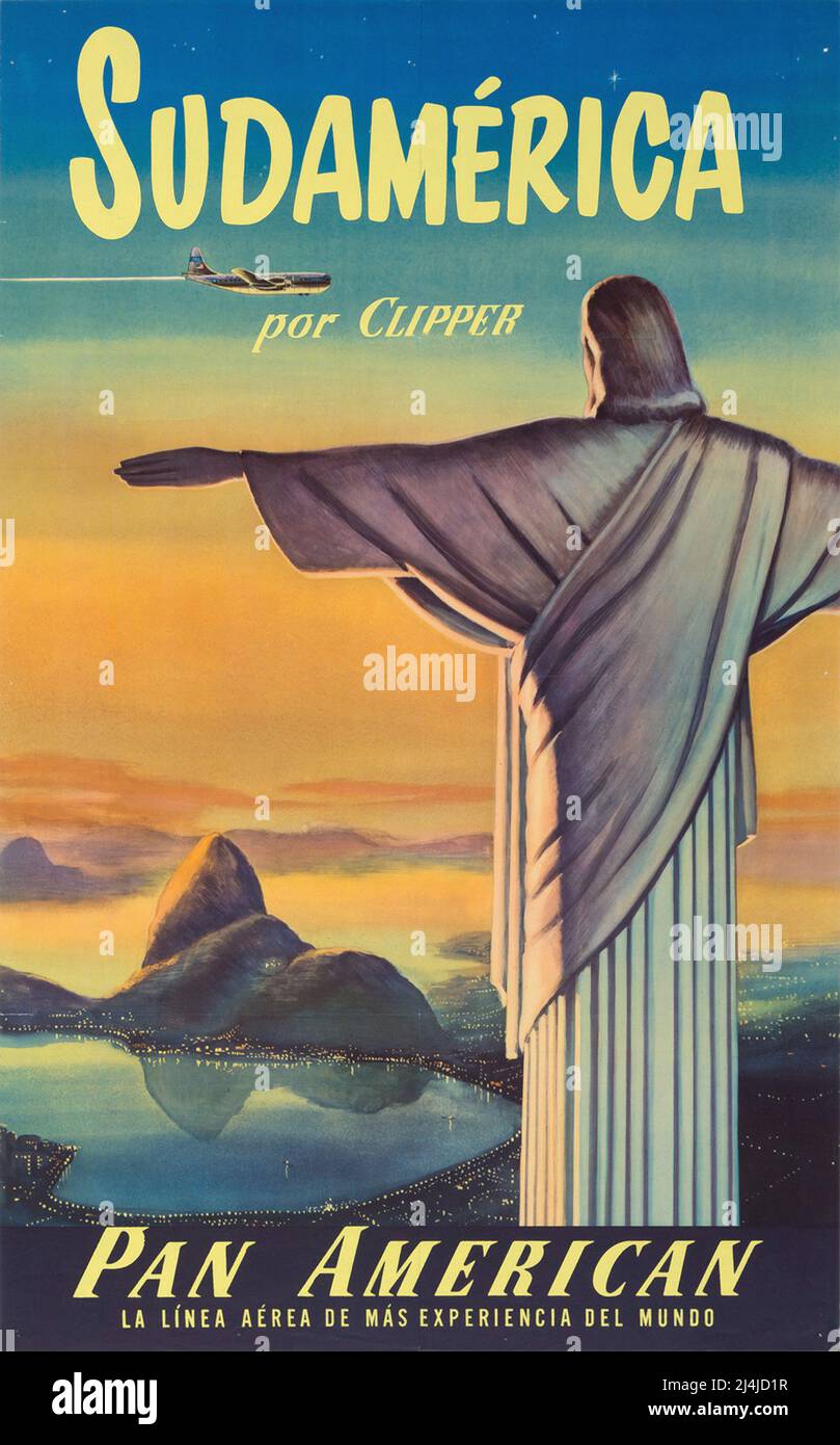 VINTAGE SÜDAMERIKA PAN AMERICAN WORLD POSTER VON CLIPPER Original Pan American World Airways Poster der 50er Jahre für Südamerika von Clipper Stockfoto