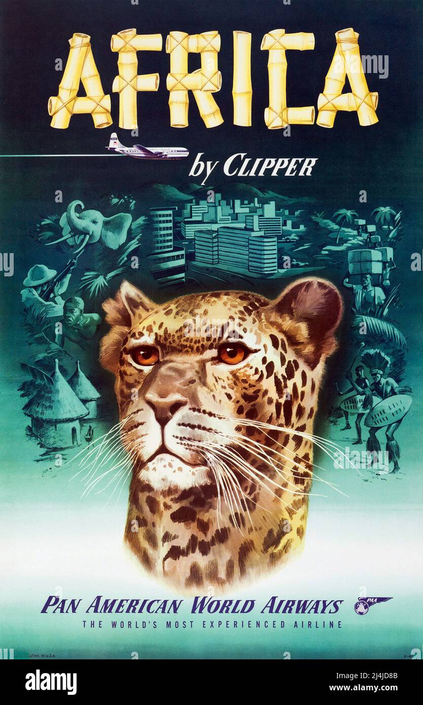 VINTAGE TRAVEL POSTER UM 1950 - PAN AMERICAN WORLD AIRWAYS - AFRICA VON CLIPPER Stockfoto