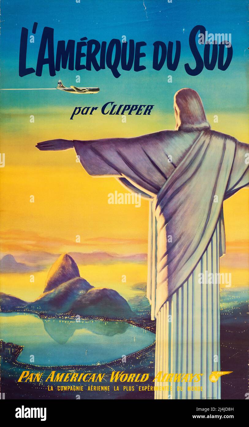 VINTAGE SÜDAMERIKA PAN AMERICAN WORLD POSTER VON CLIPPER Original Pan American World Airways Poster der 50er Jahre für Südamerika von Clipper Stockfoto