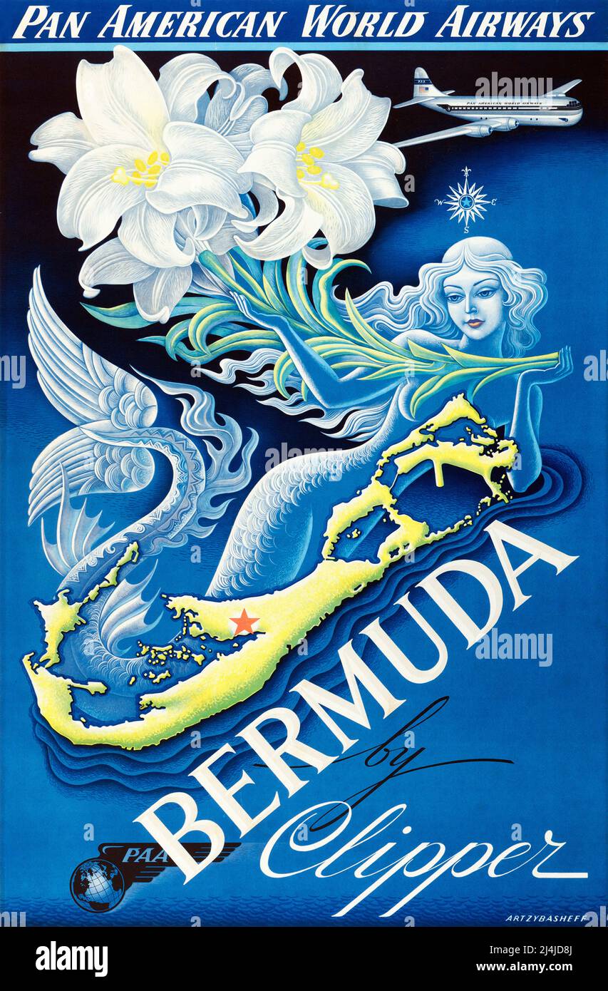 Vintage Travel Poster, Bermuda von Clipper (Pan American Airways, 1949) Stockfoto