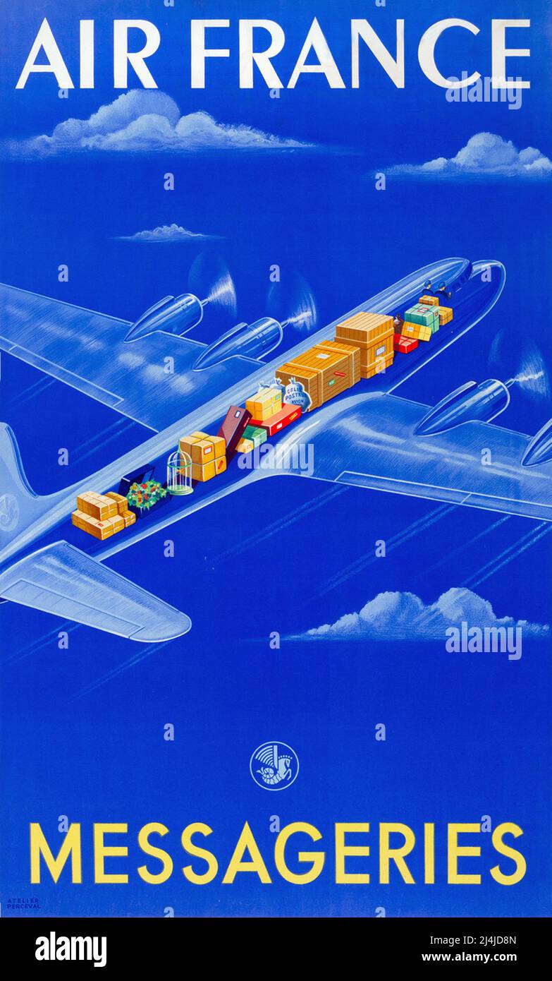 VINTAGE-REISEPOSTER VON PERCEVAL 1949 - AIR FRANCE MESSAGERIES Stockfoto