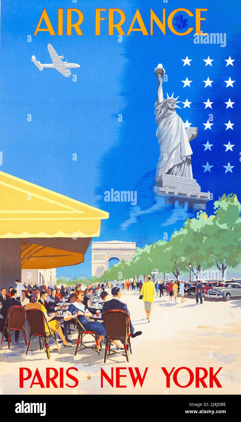 VINTAGE-REISEPOSTER VON VINCENT GUERRA 1951 - AIR FRANCE PARIS NEW YORK Stockfoto