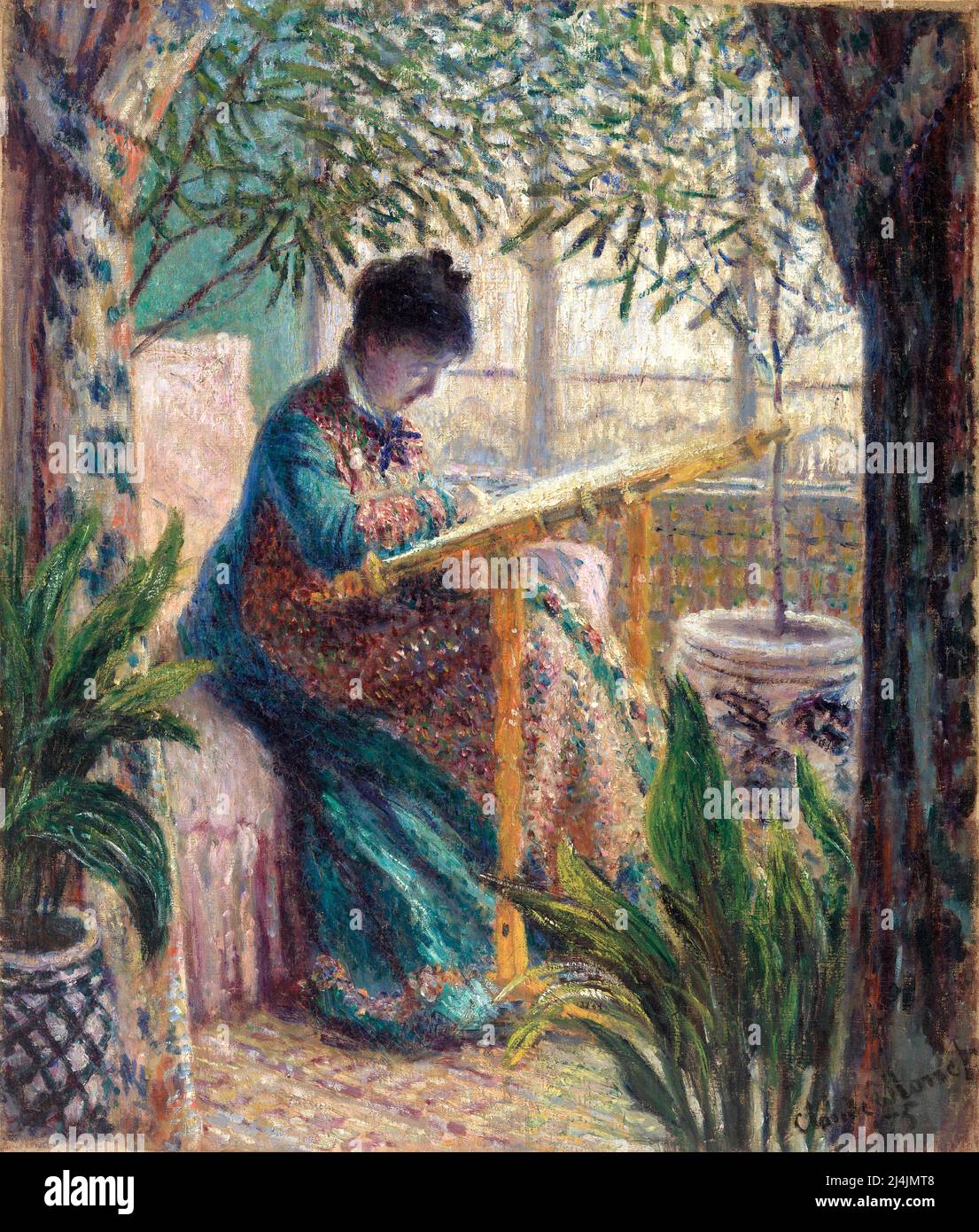 Claude Monet. Madame Monet Embroidering (Camille au métier), 1875. Stockfoto