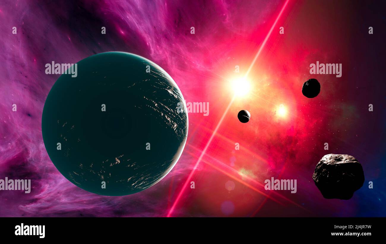 Planeten und Exoplaneten von unerforschten Galaxien, schwarzes Loch. Sci-Fi. Neue Welten zu entdecken. Besiedlung und Erforschung von Nebel und Galaxien. Stockfoto