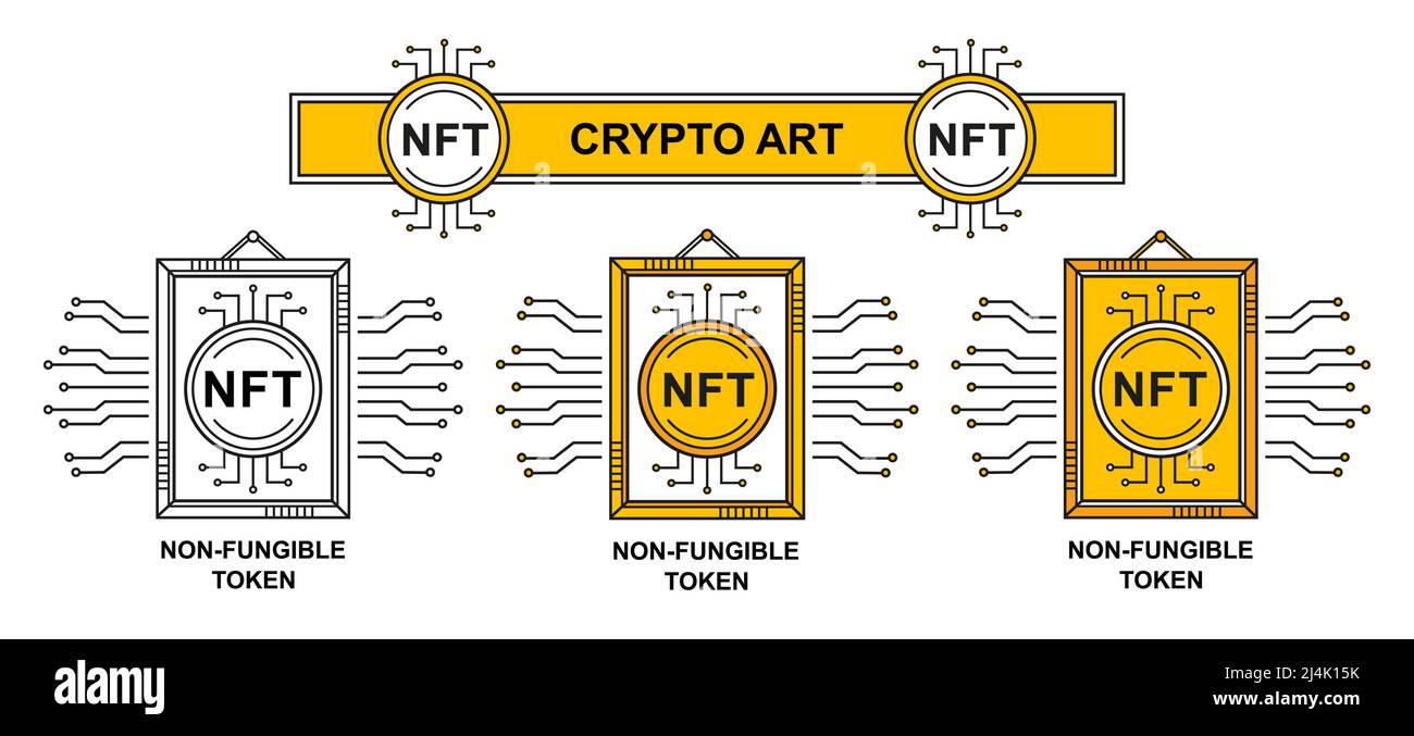 NFT nicht-fungible Token, Krypto Art Blockchain-Technologie-Symbol. Kryptowährung virtuelles Münzgeld. Einzigartige Sammlerstücke Internet-Bildergalerie. Vektor Stock Vektor