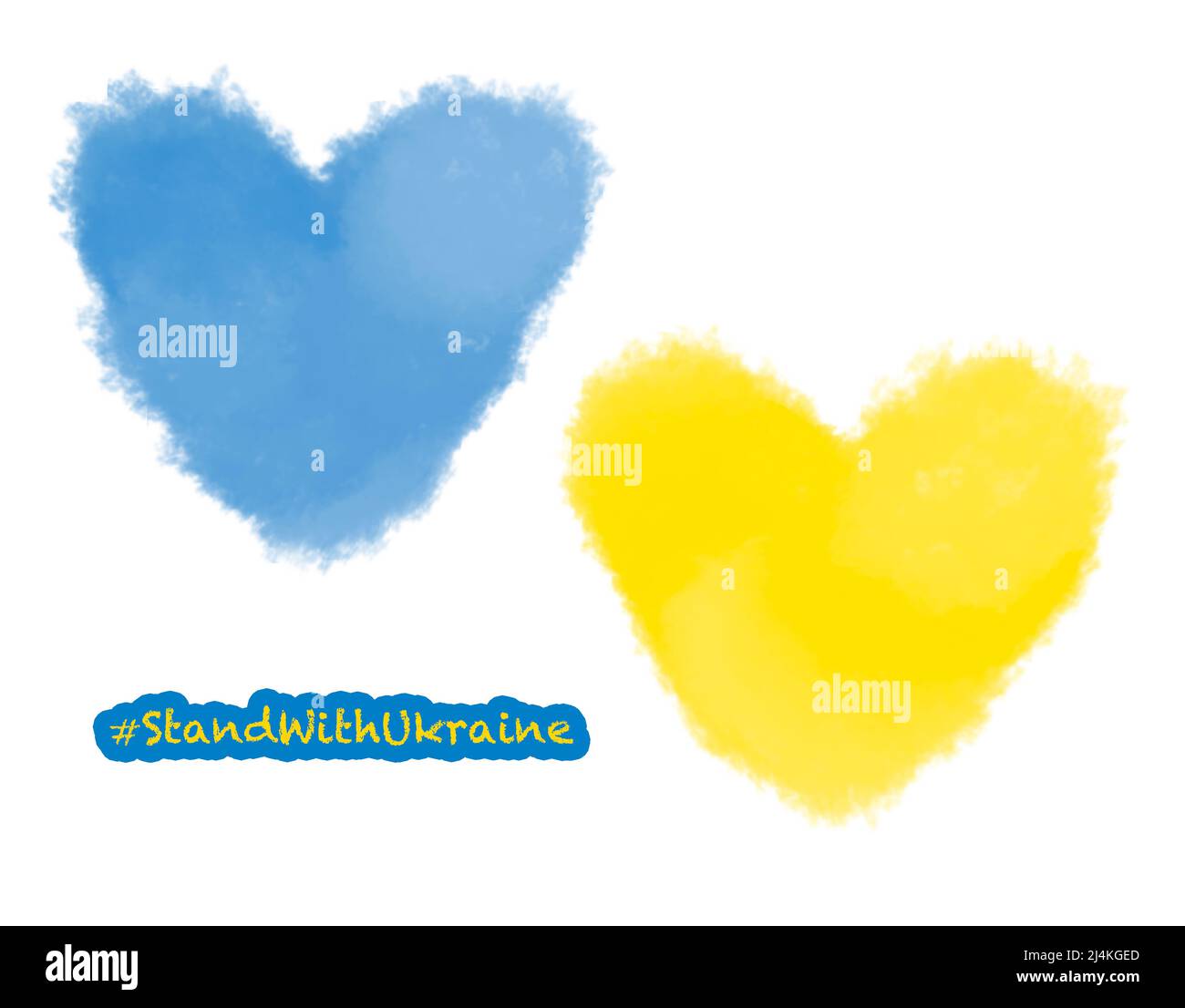 Zwei Aquarell-Herzen und stehen mit Ukraine-Botschaft auf weiß Stockfoto