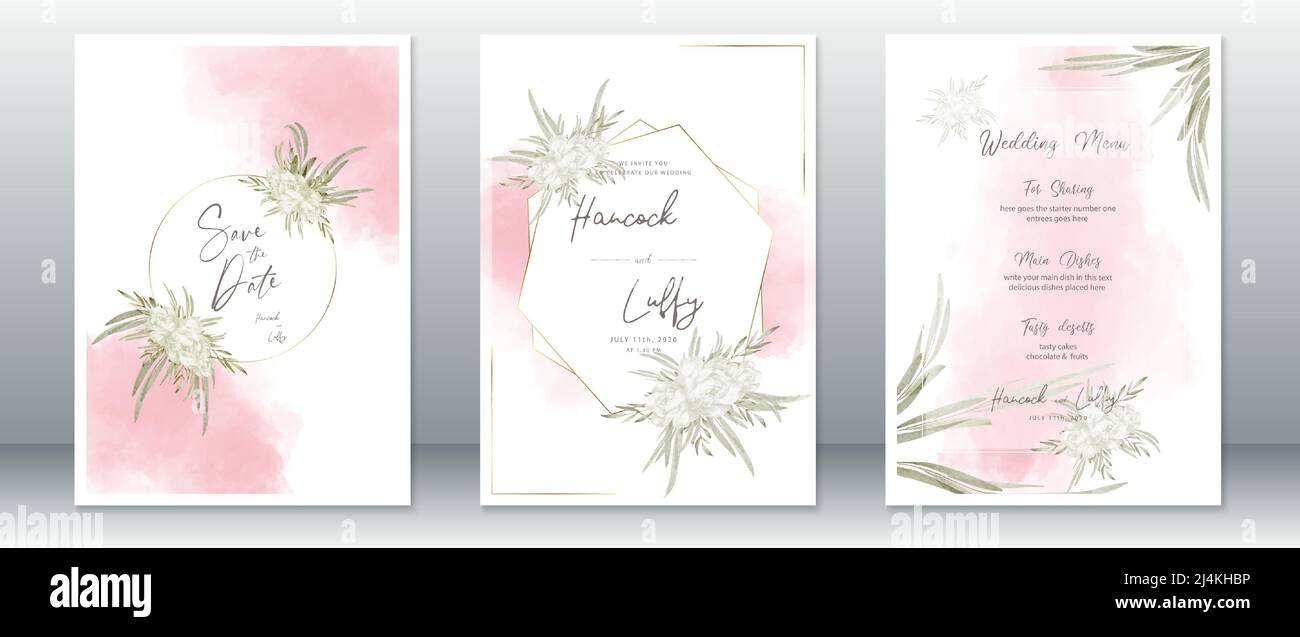 Hochzeit Einladungskarte Vorlage elegant von rosa Aquarell Hintergrund und Rosenstrauß Stock Vektor