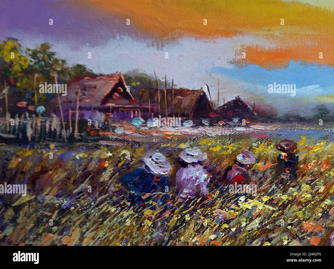 Kunst Malerei Ölfarbe Ernte Reis , Land in den Provinzen Thailand auf Leinwand Stockfoto