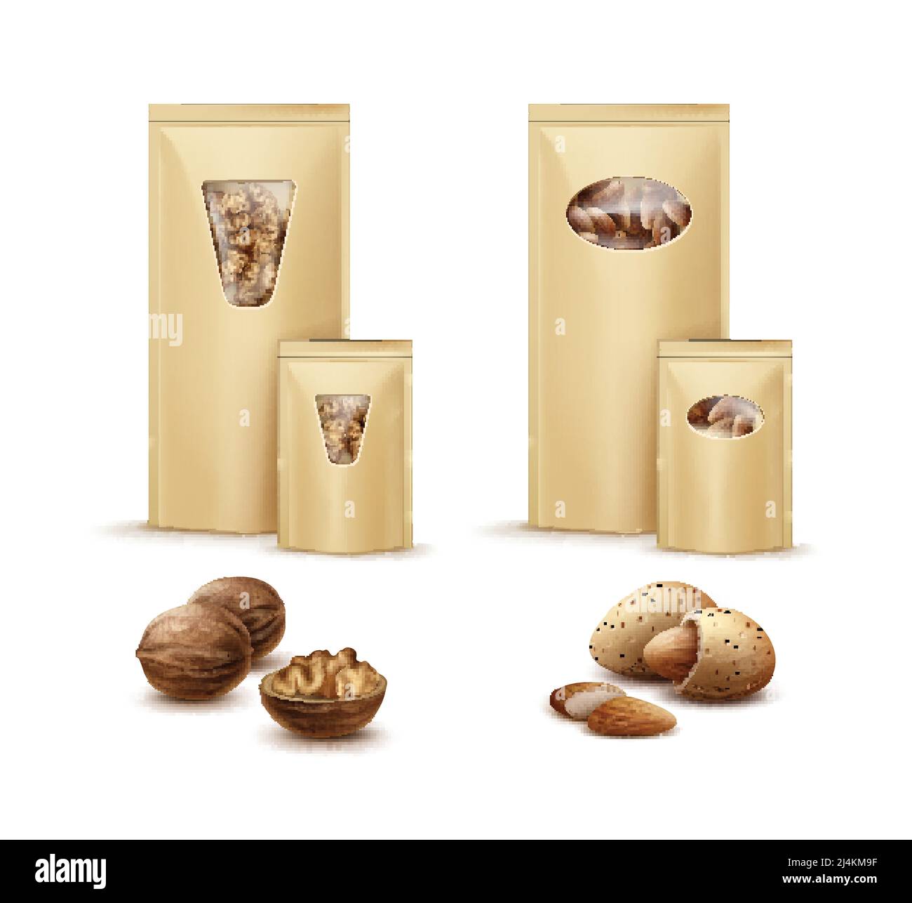 Vector blank versiegelte Folie, Plastiktüten voll von geschälten Walnüssen und Mandeln Seitenansicht isoliert auf weißem Hintergrund Stock Vektor