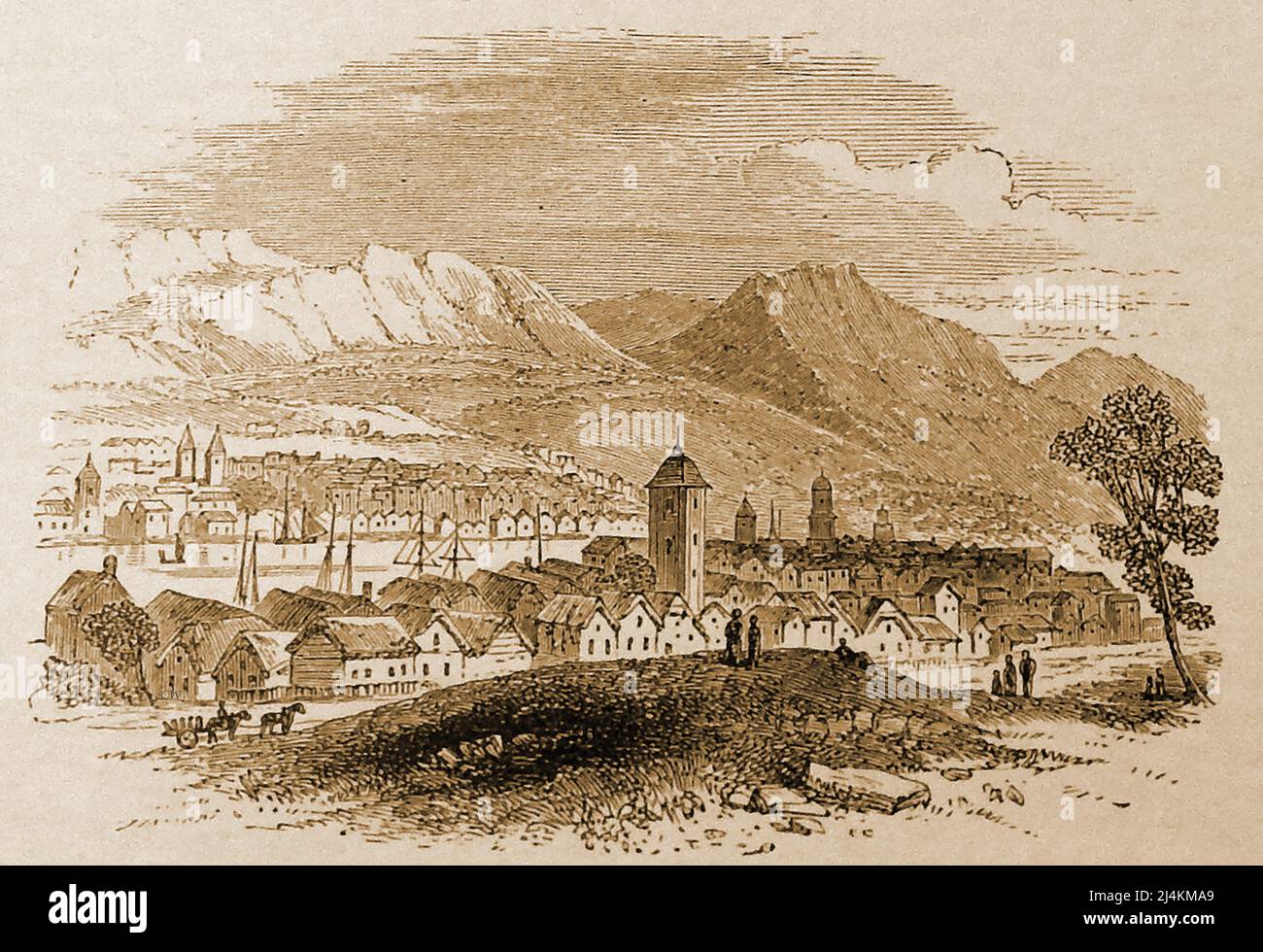 Ein britischer Stich aus dem 19.. Jahrhundert von Bergen aus dem Nordwesten. Bergen oder Bjørgvin, ist eine Stadt und Gemeinde im Kreis Vestland an der Westküste Norwegens. Die Einheimischen sprechen einen lokalen Dialekt, bekannt als Bergensk Stockfoto