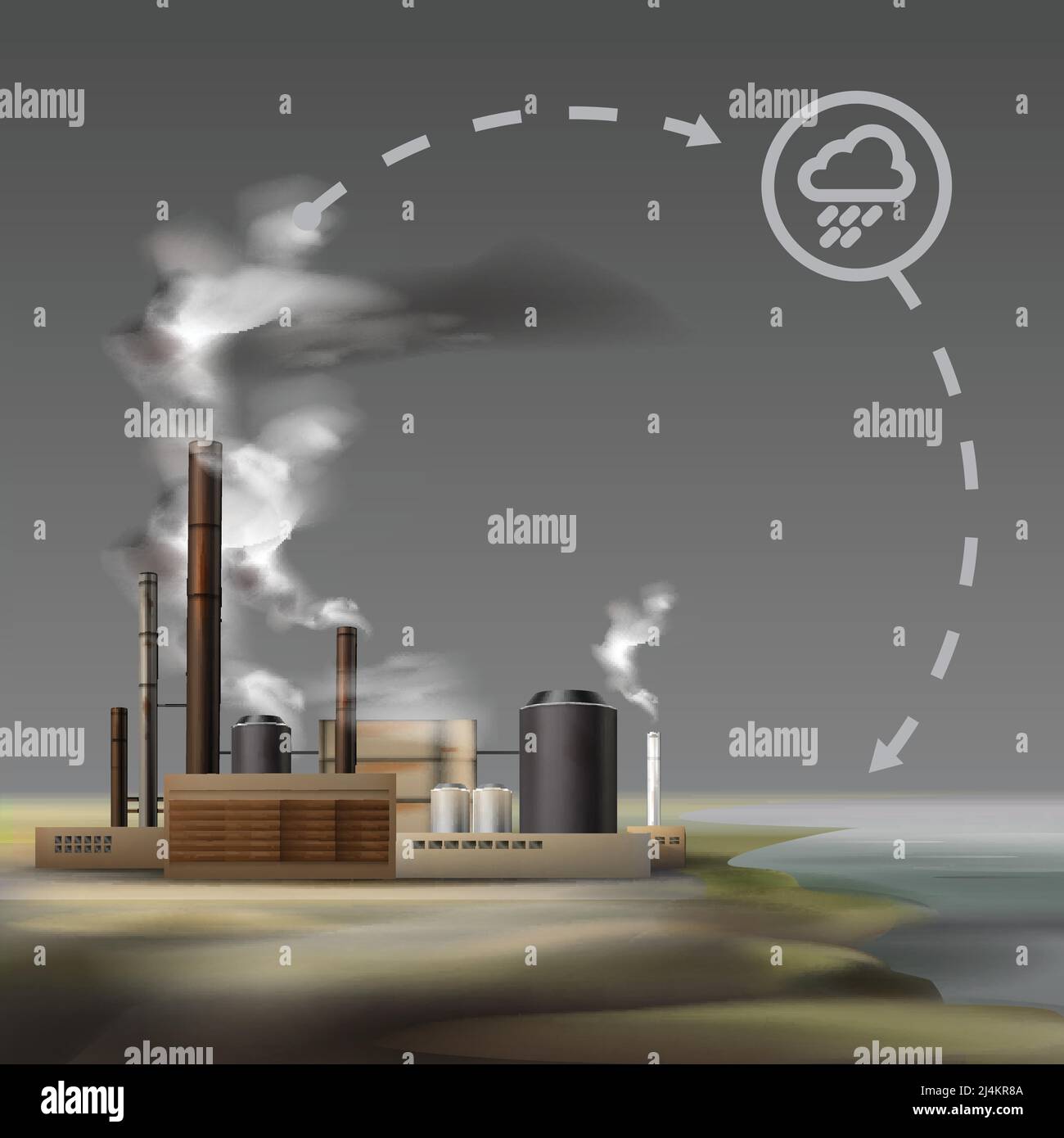 Vector chemische Fabrik mit Rauch von Rohren und bewölktem Wetter, Luftverschmutzung Konzept Stock Vektor