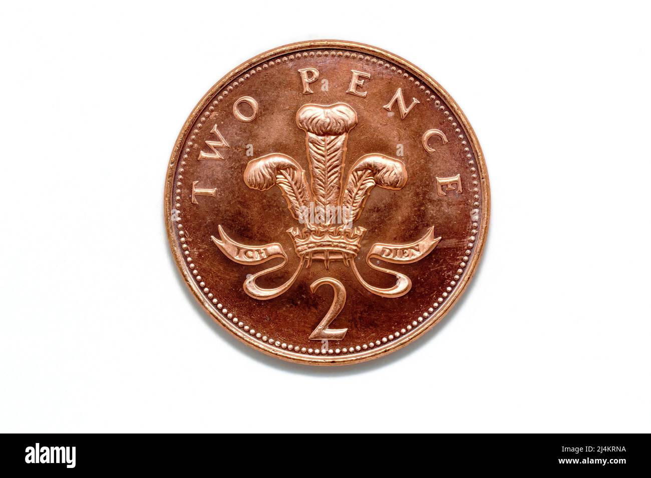 Nahaufnahme des 1985-2008 Designs auf der Schwanzseite eines UK dezimalen 2 Pence Stückes, auch bekannt als Tuppence, isoliert vor einem weißen Hintergrund. Stockfoto