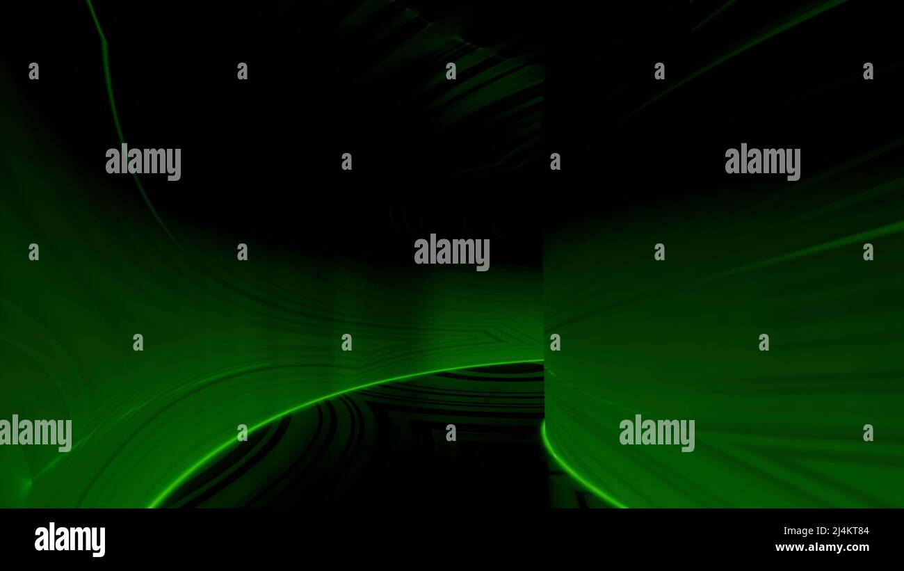 Orangefarbener und grüner Hintergrund.Design. Eine schöne Abstraktion, in der sich zwei Tunnel mit farbigen Strahlen vorwärts bewegen und nicht aufhören. Stockfoto