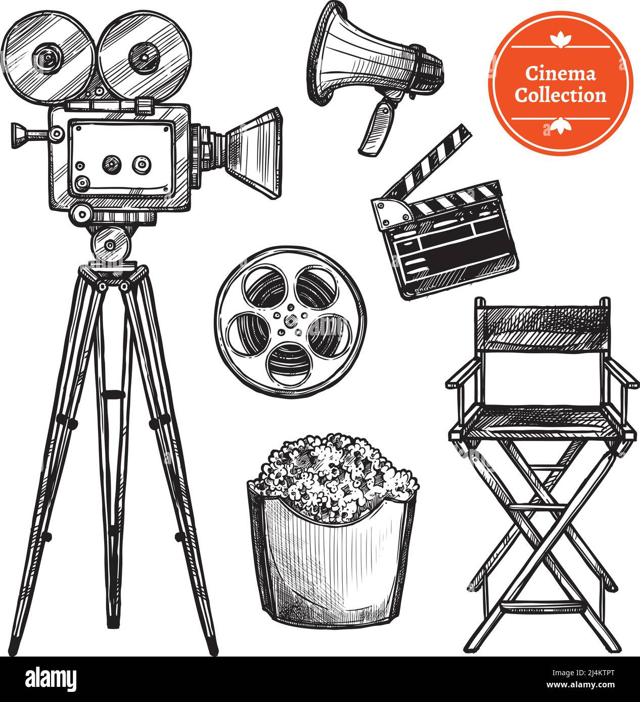 Kino und Filme machen handgezeichnete Vintage-Set mit Klapper Reel Kamera Stuhl Lautsprecher und Popcorn isoliert auf weißem Hintergrund Skizzenvektor-Abb. Stock Vektor