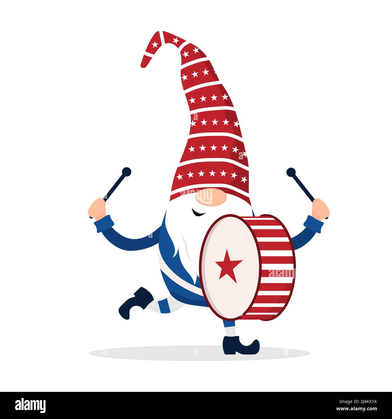Patriotischer amerikanischer Zwerg. Niedlicher skandinavischer Zwerg mit Trommel. Elf feiern den Unabhängigkeitstag in den Vereinigten Staaten. Frohes 4.. juli. Vektor Stock Vektor