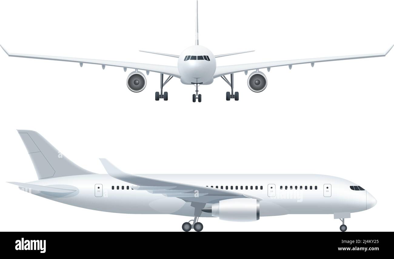 Weißes Flugzeugsymbol auf weißem Hintergrund im Profil Und von der Vorderseite isolierte Vektordarstellung Stock Vektor