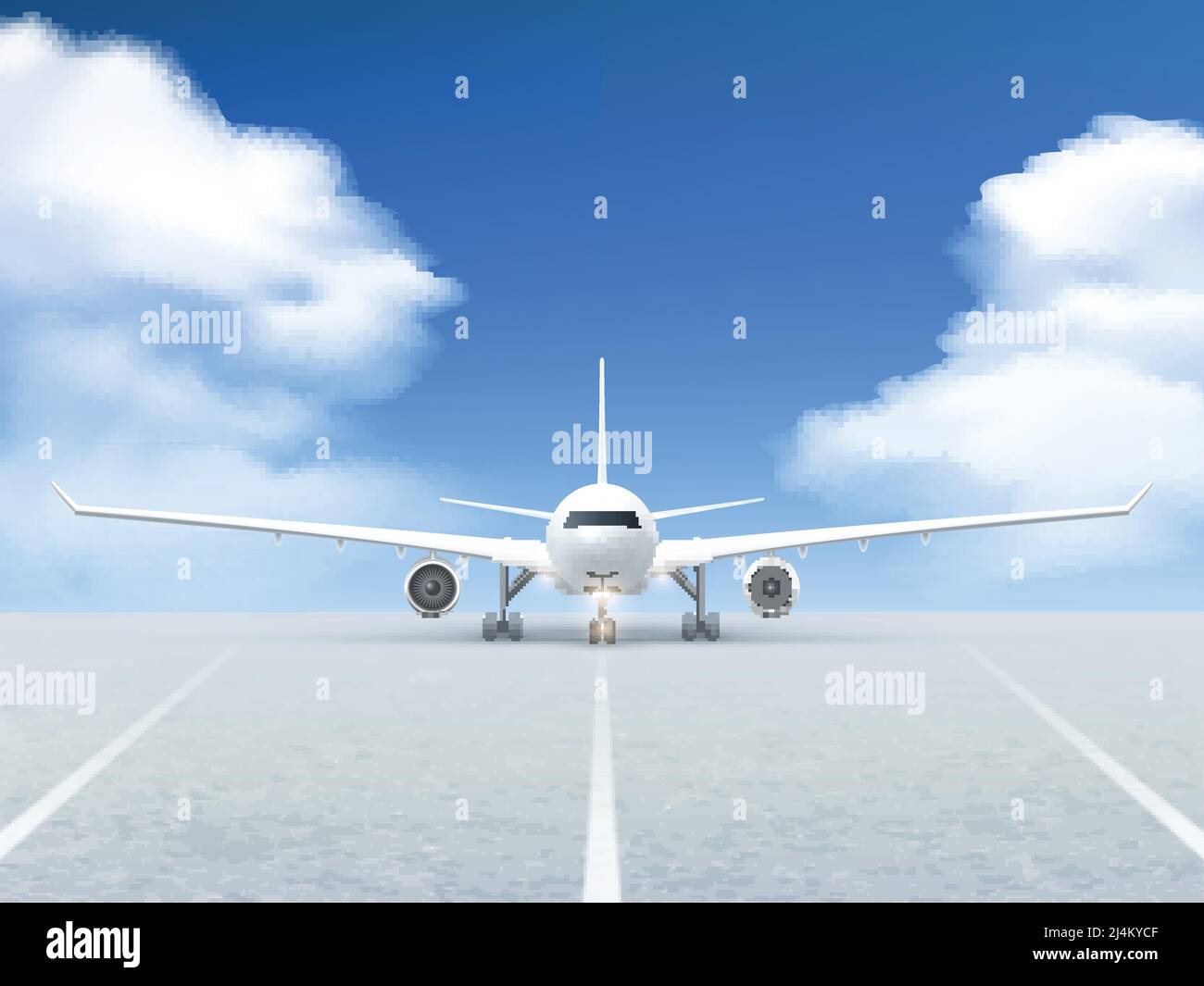 White Plane bereitet sich auf den Start von der Landebahn Poster Auf einem realistischen blauen Hintergrund und Straßenbelag Vektor-Illustration Stock Vektor