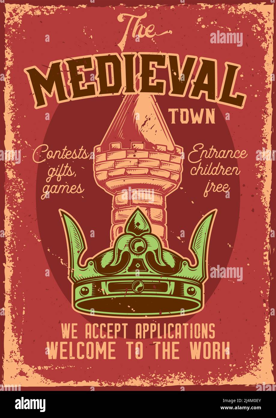 Werbeplakat-Design mit Darstellung einer Krone mit einem Turm auf dem Hintergrund. Stock Vektor